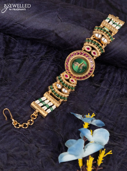 Antique watches with green horse dial and jadau kundan stone and green beads
