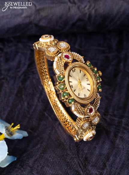 Antique watches bracelet type yellow dial in size 2.4 with jadau kundan stones