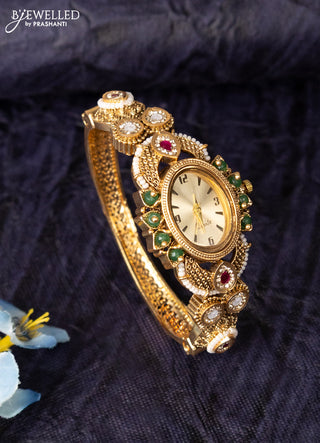 Antique watches bracelet type yellow dial in size 2.4 with jadau kundan stones