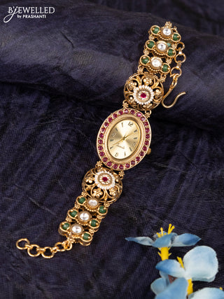 Antique watches yellow dial with kemp stones and green beads