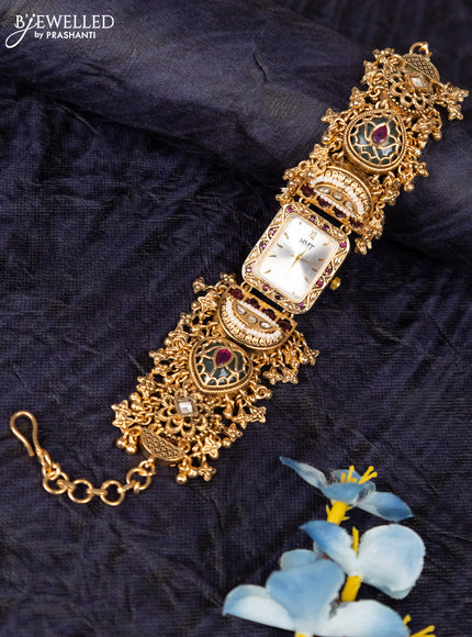 Antique watches white dial rectangular shape with kemp stones and white beads