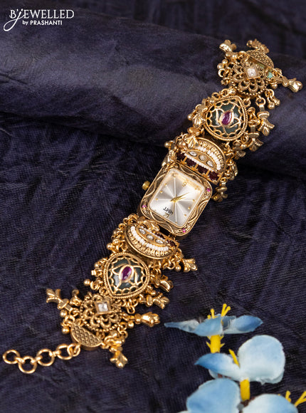 Antique watches white dial rectangular shape with kemp stones and white beads