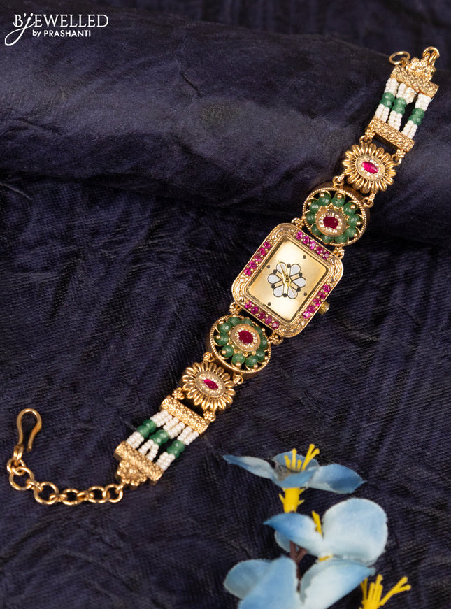 Antique watches white dial rectangular shape in floral deisgn with kemp stones and white beads