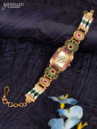 Antique watches white dial rectangular shape in floral deisgn with kemp stones and white beads