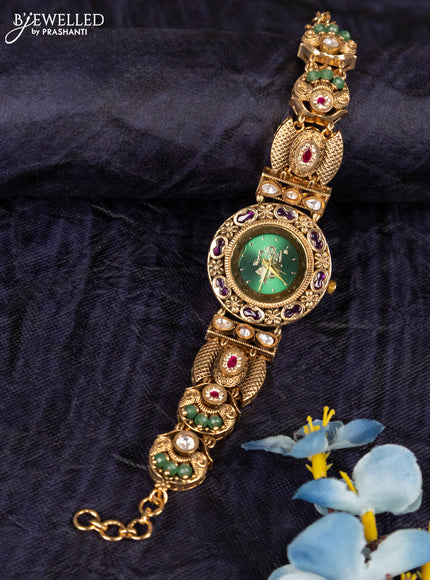 Antique watches with green srinath ji dial and jadau kundan stone and green beads