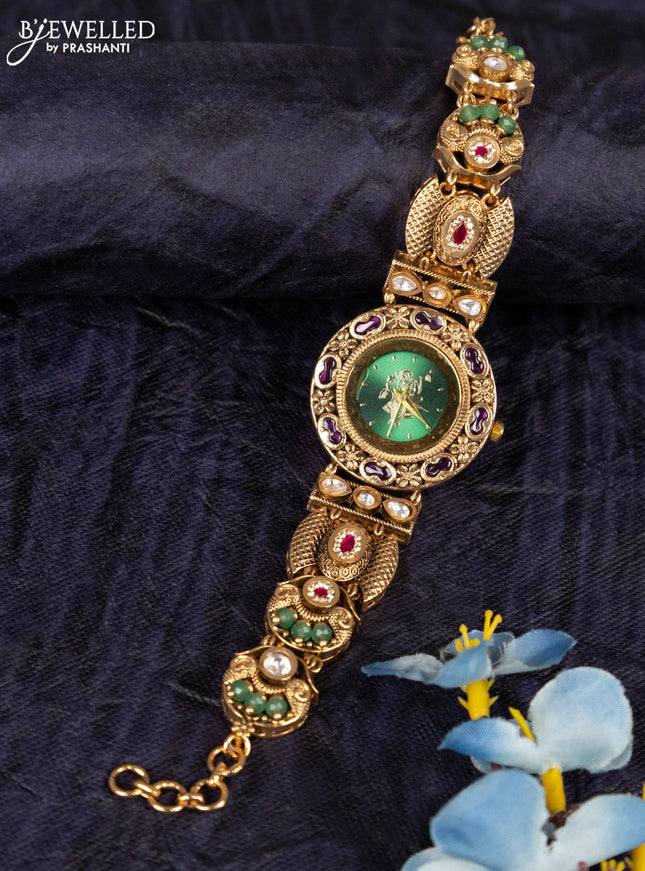 Antique watches with green srinath ji dial and jadau kundan stone and green beads