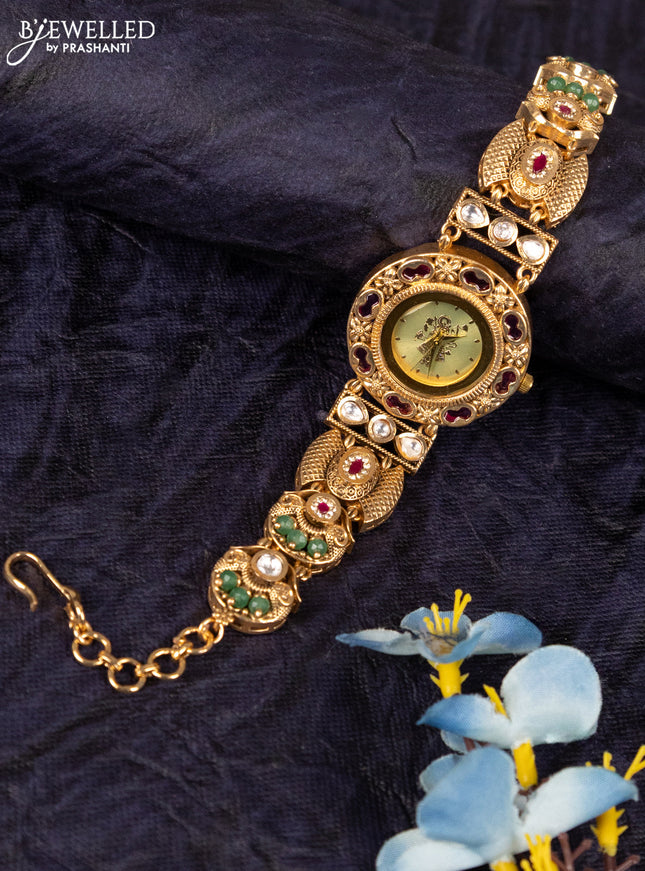 Antique watches with yellow srinath ji dial and jadau kundan stone and green beads