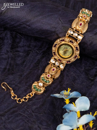 Antique watches with yellow srinath ji dial and jadau kundan stone and green beads