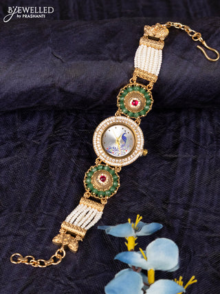 Antique watches white dial round shape peacock design with jadau stones and white beads