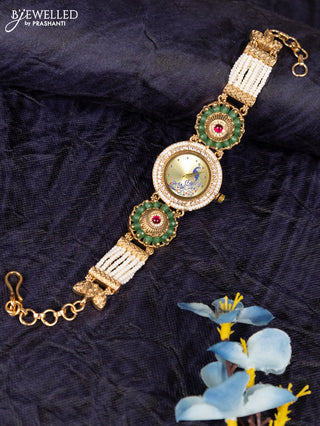 Antique watches yellow dial round shape peacock design with jadau stones and white beads