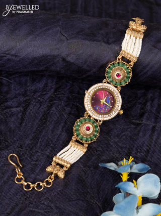 Antique watches maroon dial round shape peacock design with jadau stones and white beads
