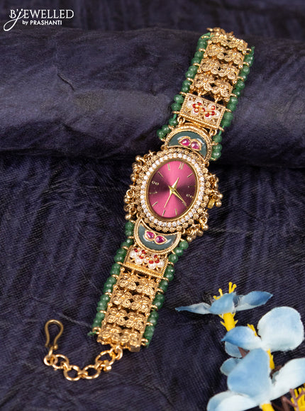 Antique watches maroon dial floral design oval shape with kemp stones and green beads