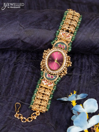 Antique watches maroon dial floral design oval shape with kemp stones and green beads