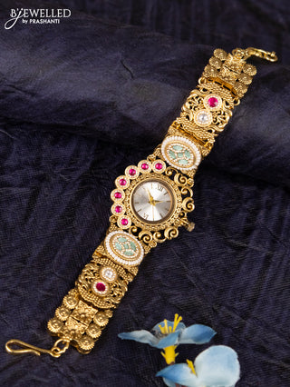 Antique watches white round dial elephant design with jadau stones and white beads
