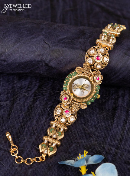 Antique watches with white horse dial and jadau kundan stone and green beads