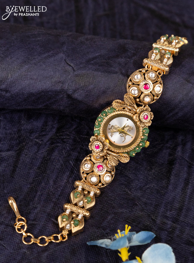 Antique watches with white horse dial and jadau kundan stone and green beads