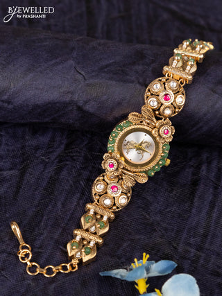 Antique watches with white horse dial and jadau kundan stone and green beads