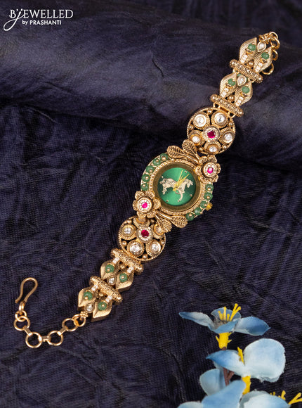 Antique watches with green horse dial and jadau kundan stone and green beads