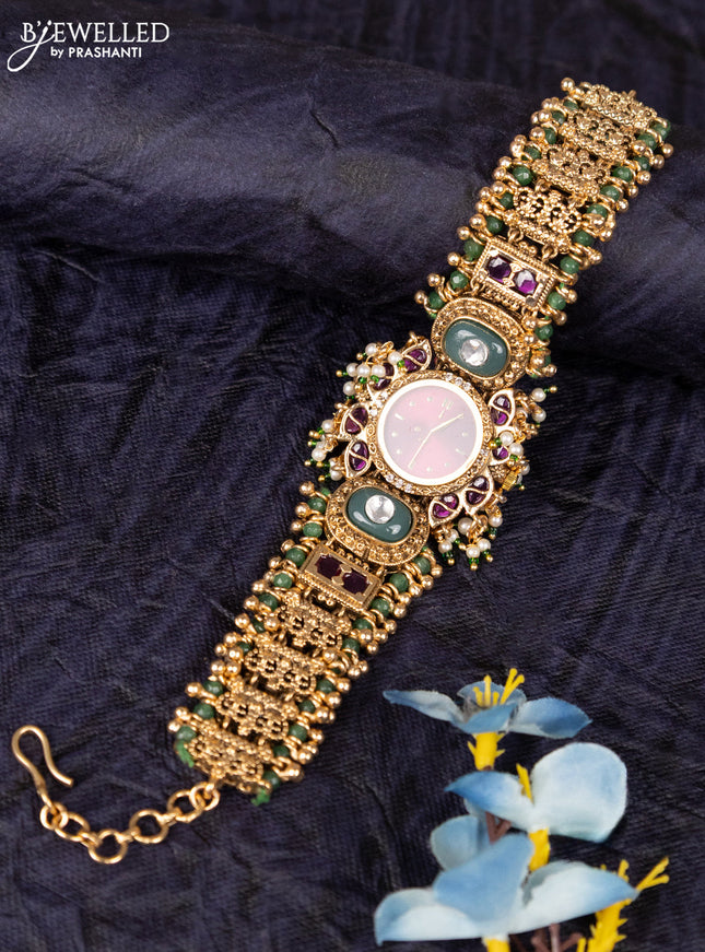 Antique watches with maroon round dial and kemp stone and green beads