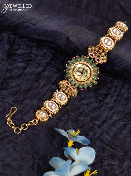 Antique watches with yellow elephant dial and jadau kundan stone and green beads