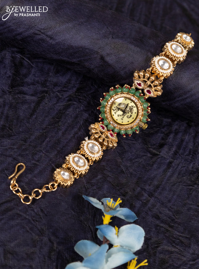Antique watches with yellow elephant dial and jadau kundan stone and green beads