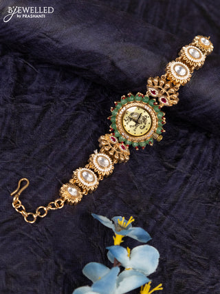 Antique watches with yellow elephant dial and jadau kundan stone and green beads