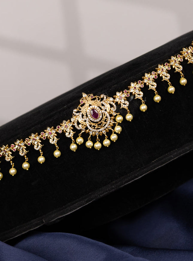 Antique hip chain floral design with pink kemp & cz stones and pearl hangings