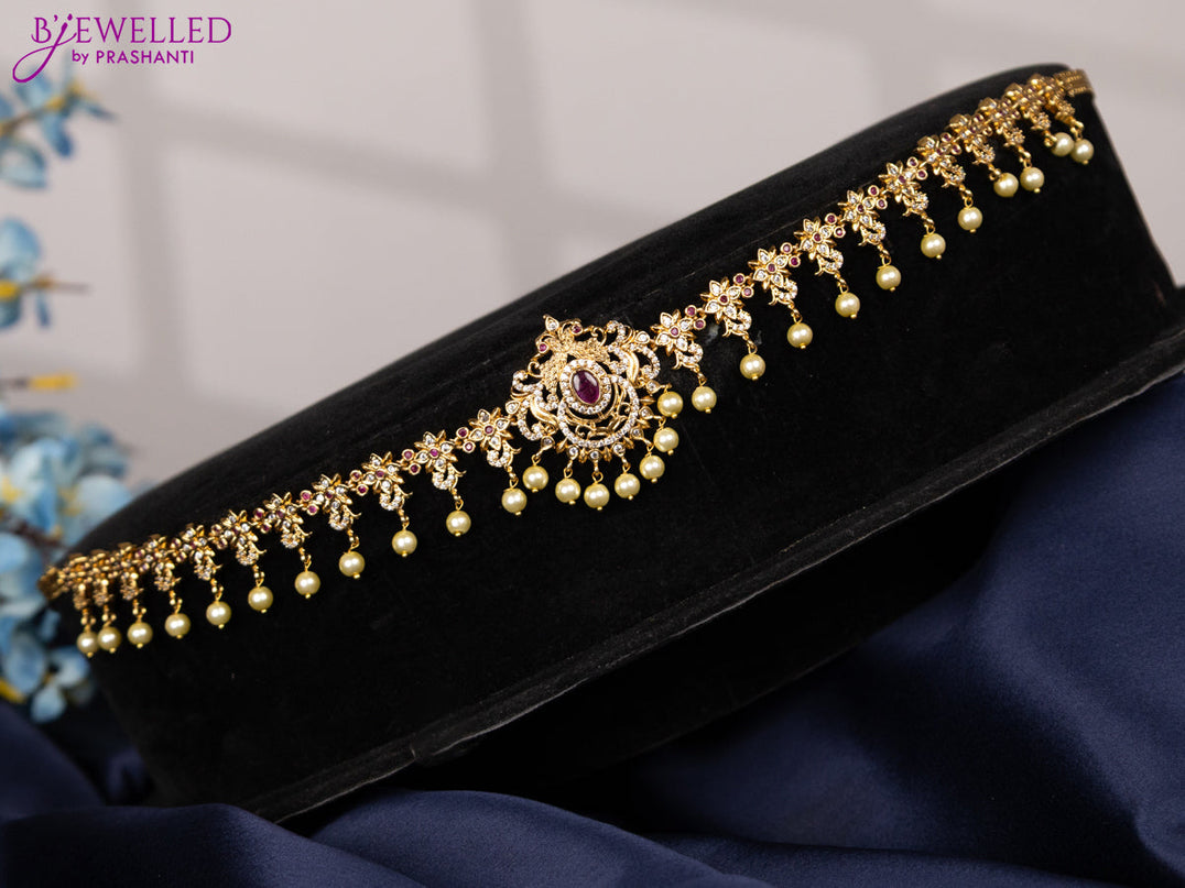 Antique hip chain floral design with pink kemp & cz stones and pearl hangings