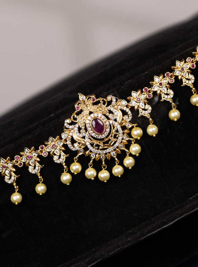 Antique hip chain floral design with pink kemp & cz stones and pearl hangings