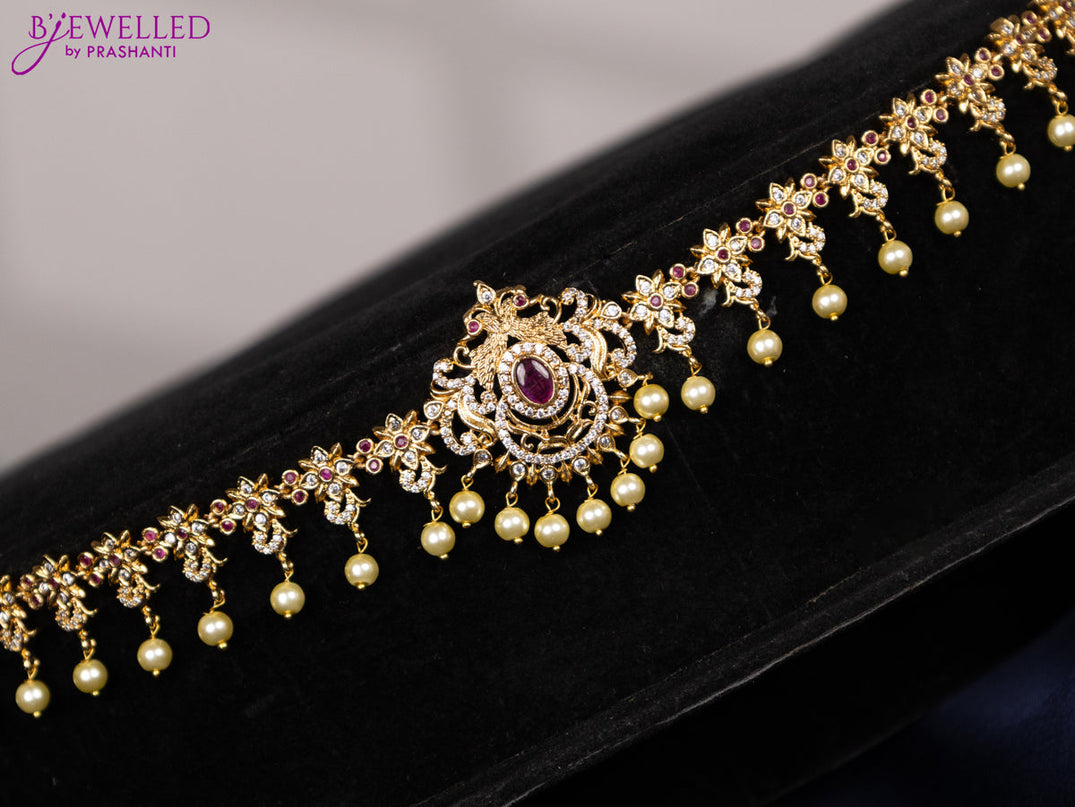 Antique hip chain floral design with pink kemp & cz stones and pearl hangings