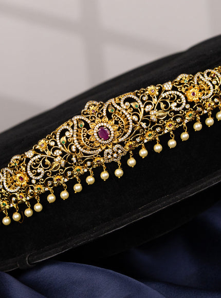 Antique hip chain floral design with kemp & cz stones and pearl hangings