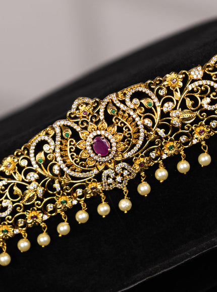 Antique hip chain floral design with kemp & cz stones and pearl hangings