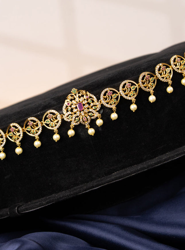 Antique hip chain floral design with kemp & cz stones and pearl hangings