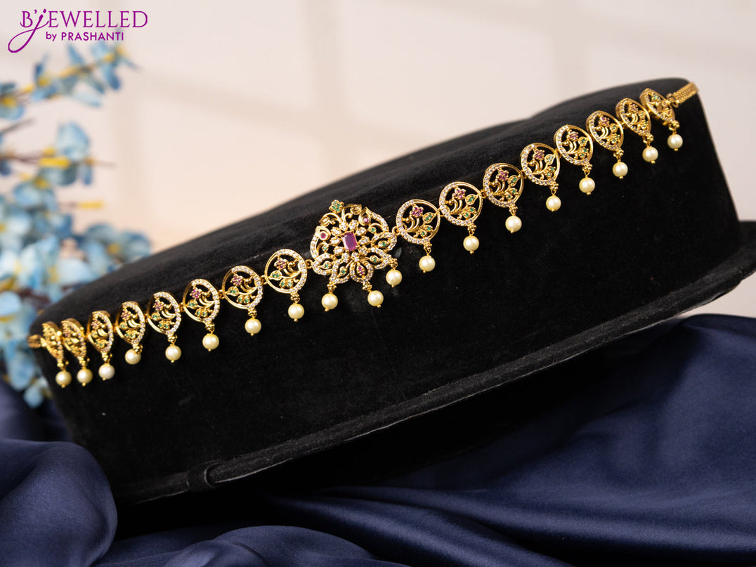 Antique hip chain floral design with kemp & cz stones and pearl hangings