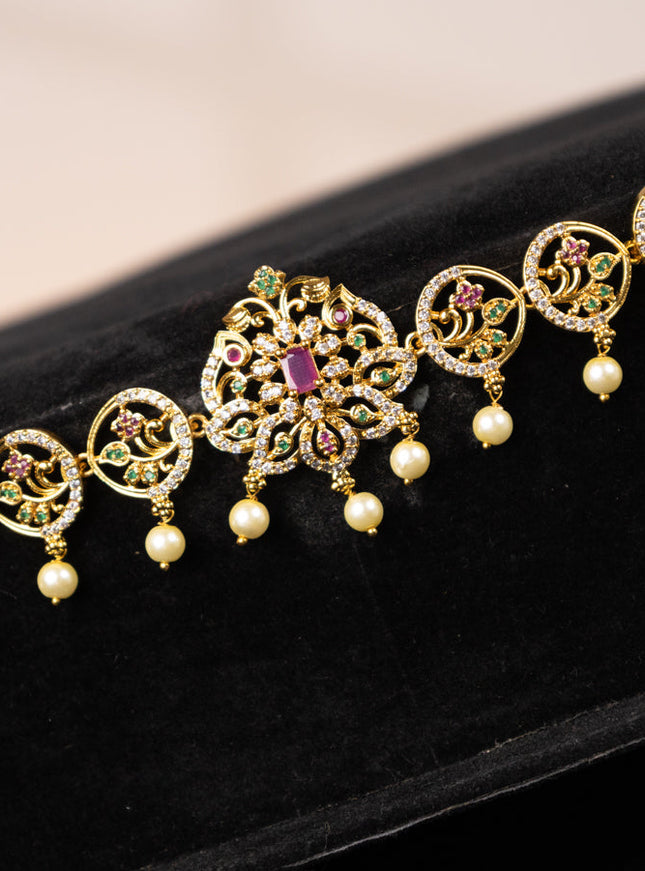 Antique hip chain floral design with kemp & cz stones and pearl hangings