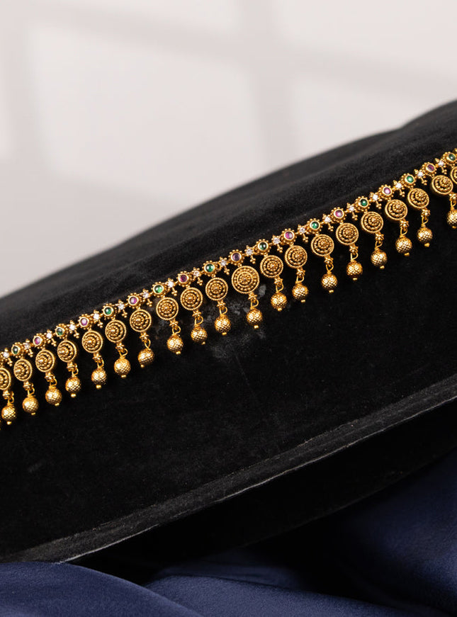 Antique hip chain with pink kemp & cz stones and golden beads hangings