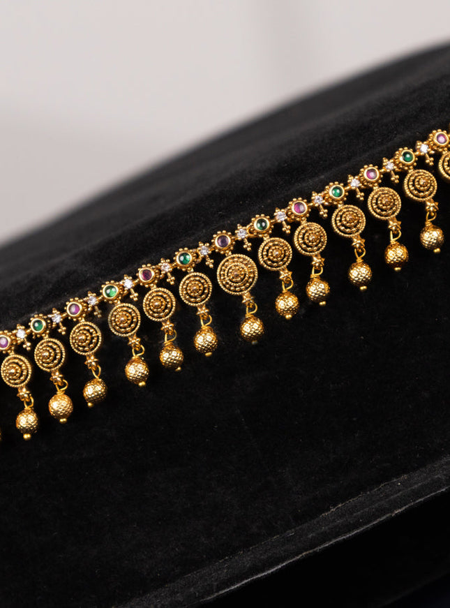 Antique hip chain with pink kemp & cz stones and golden beads hangings
