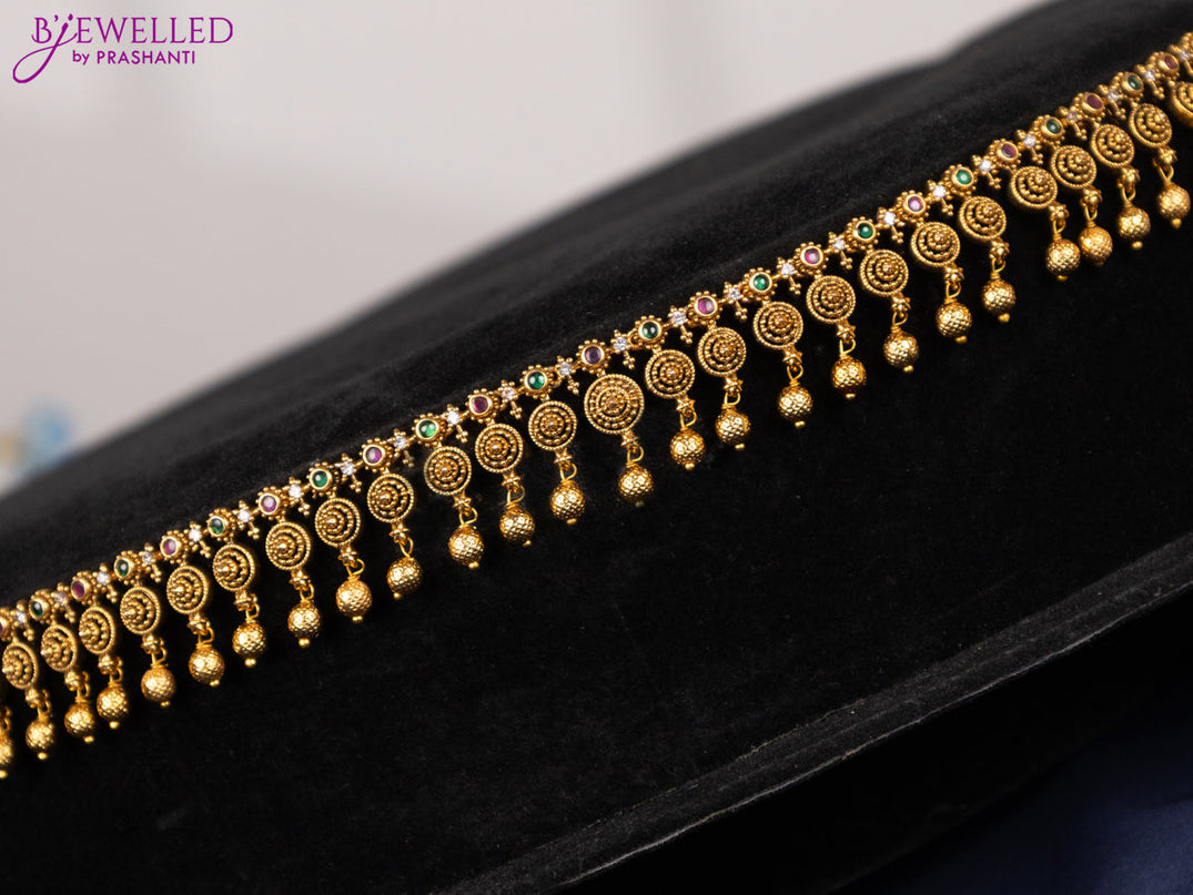 Antique hip chain with pink kemp & cz stones and golden beads hangings