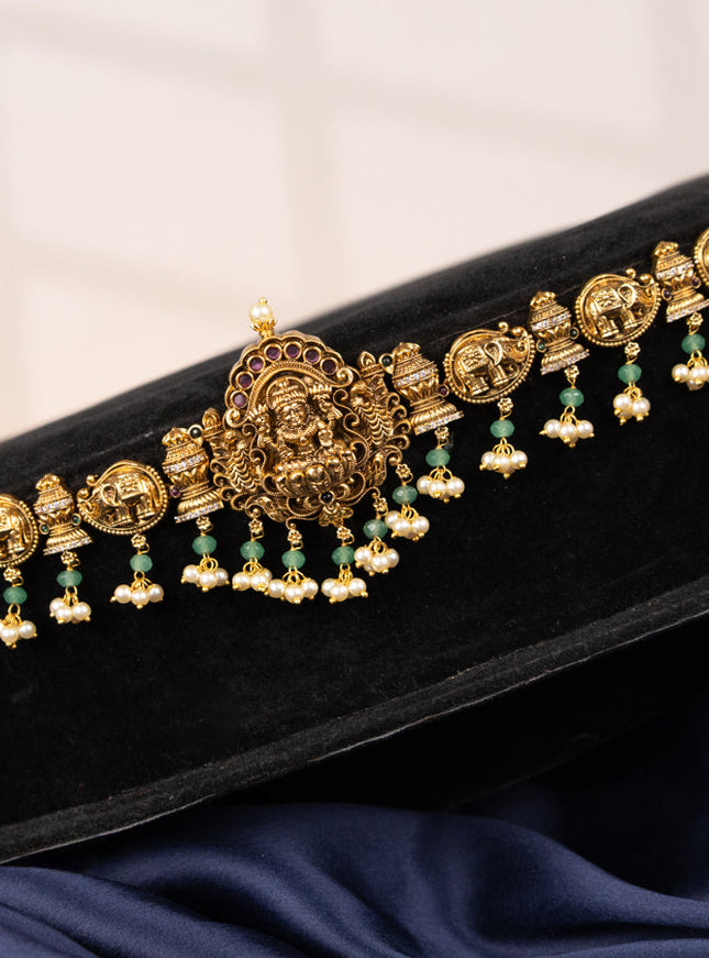 Antique hip chain lakshmi & elephant design with kemp & cz stones and pearl hangings