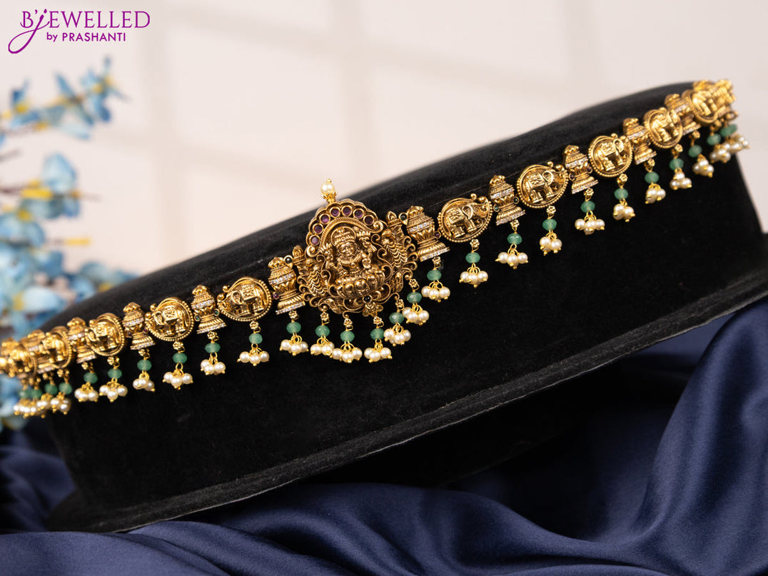 Antique hip chain lakshmi & elephant design with kemp & cz stones and pearl hangings