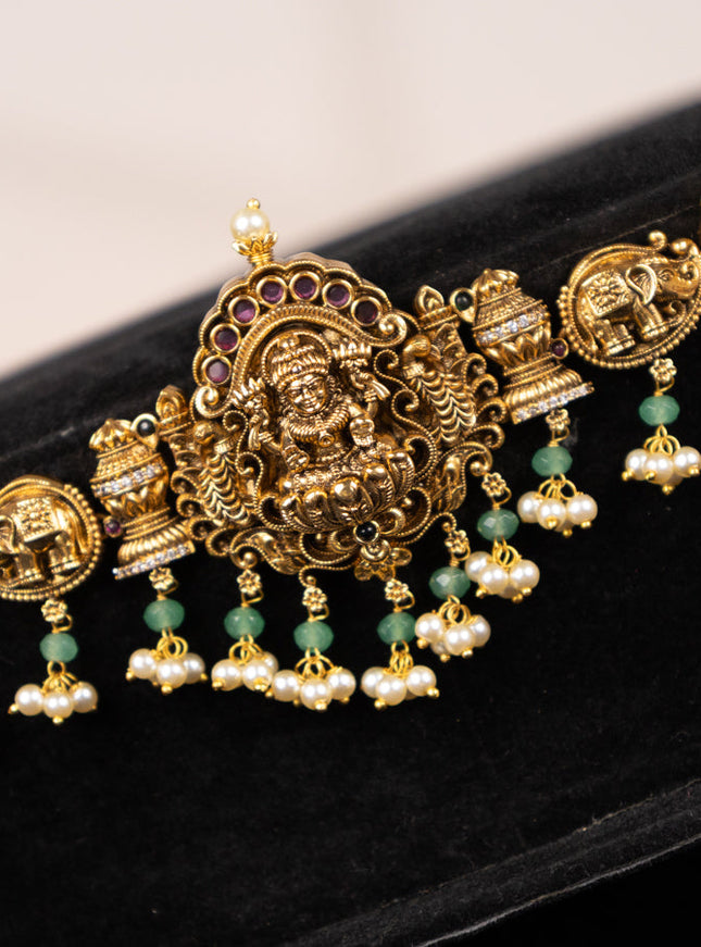 Antique hip chain lakshmi & elephant design with kemp & cz stones and pearl hangings