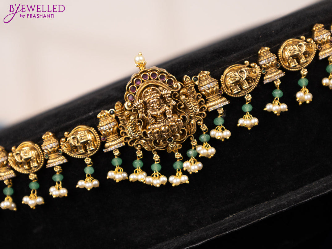 Antique hip chain lakshmi & elephant design with kemp & cz stones and pearl hangings