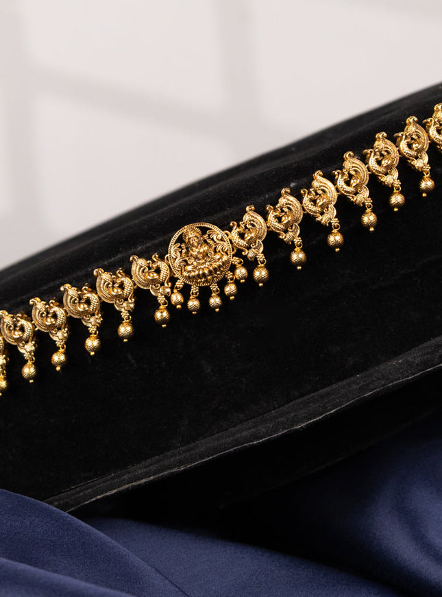 Antique hip chain with lakshmi & peacock design and golden beads hangings