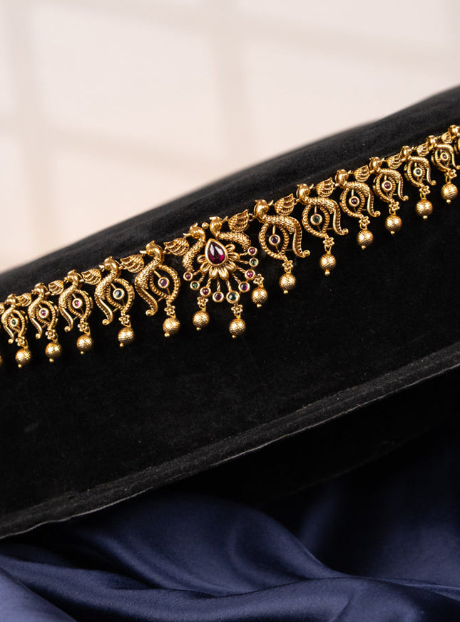 Antique hip chain peacock design with kemp stones and golden beads hangings