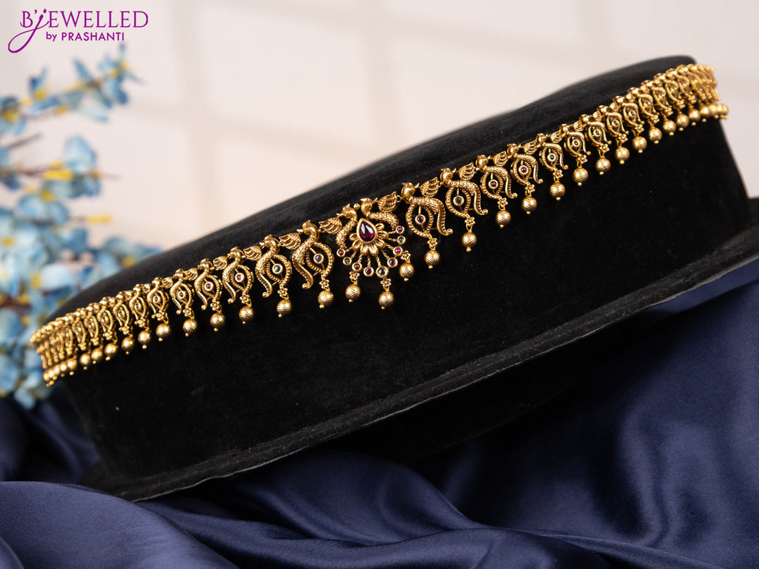 Antique hip chain peacock design with kemp stones and golden beads hangings