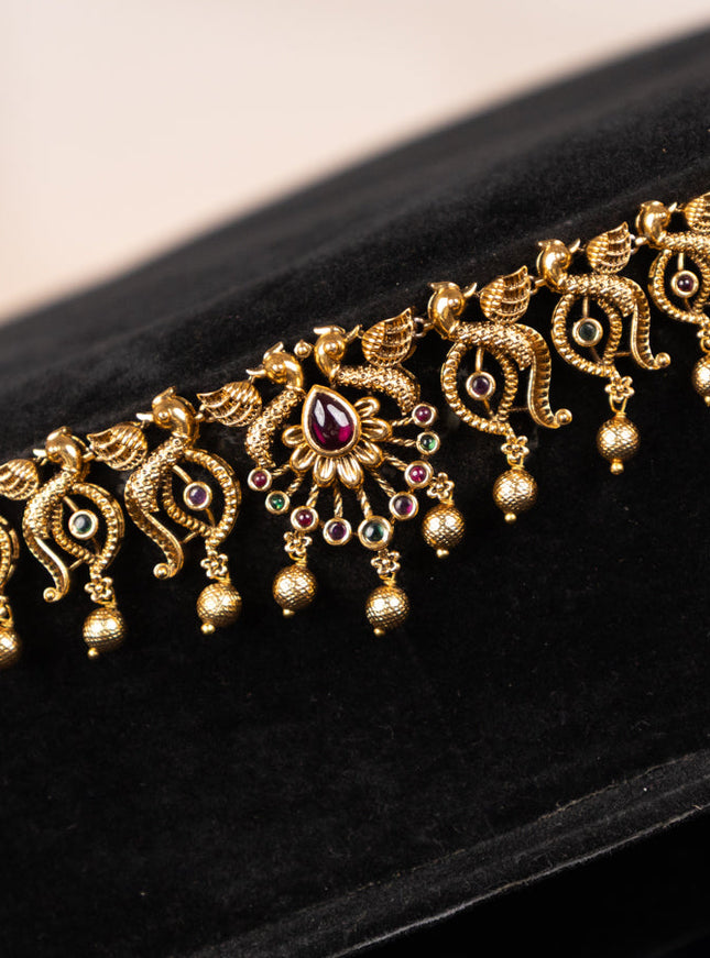 Antique hip chain peacock design with kemp stones and golden beads hangings
