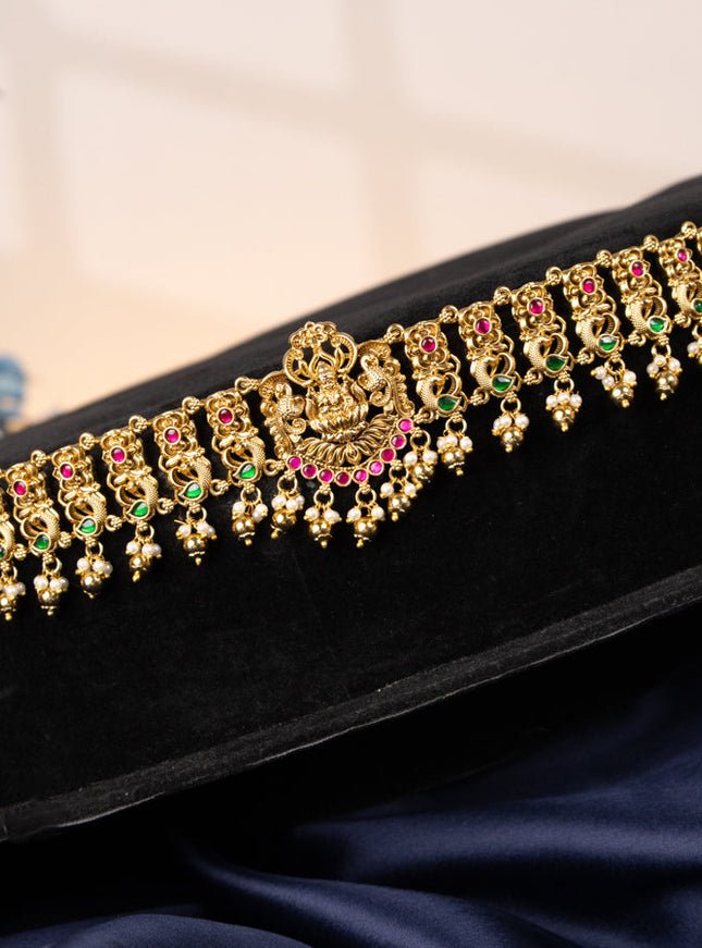Antique hip chain lakshmi design with kemp jadau stones and golden beads hangings