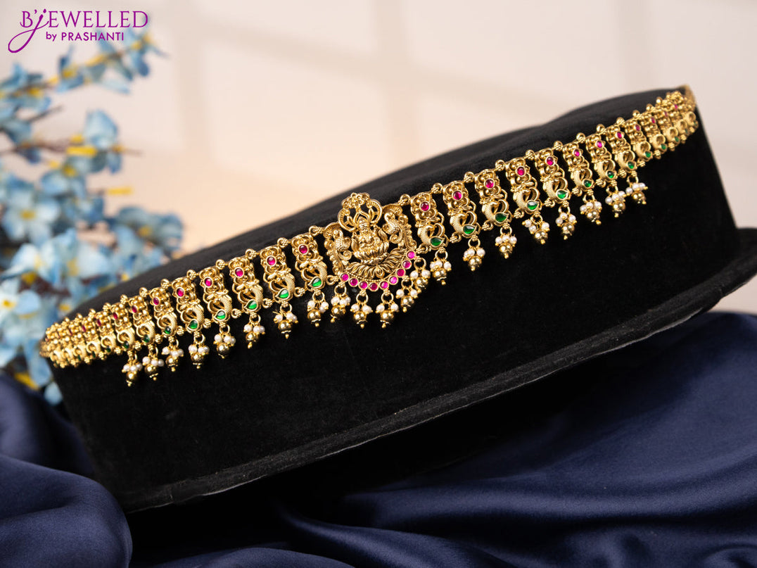 Antique hip chain lakshmi design with kemp jadau stones and golden beads hangings