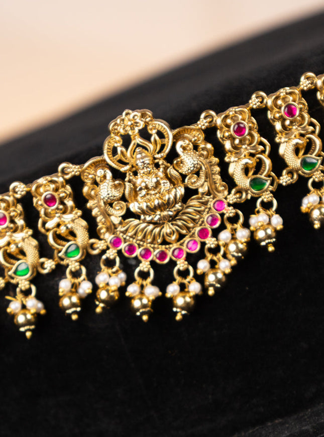 Antique hip chain lakshmi design with kemp jadau stones and golden beads hangings