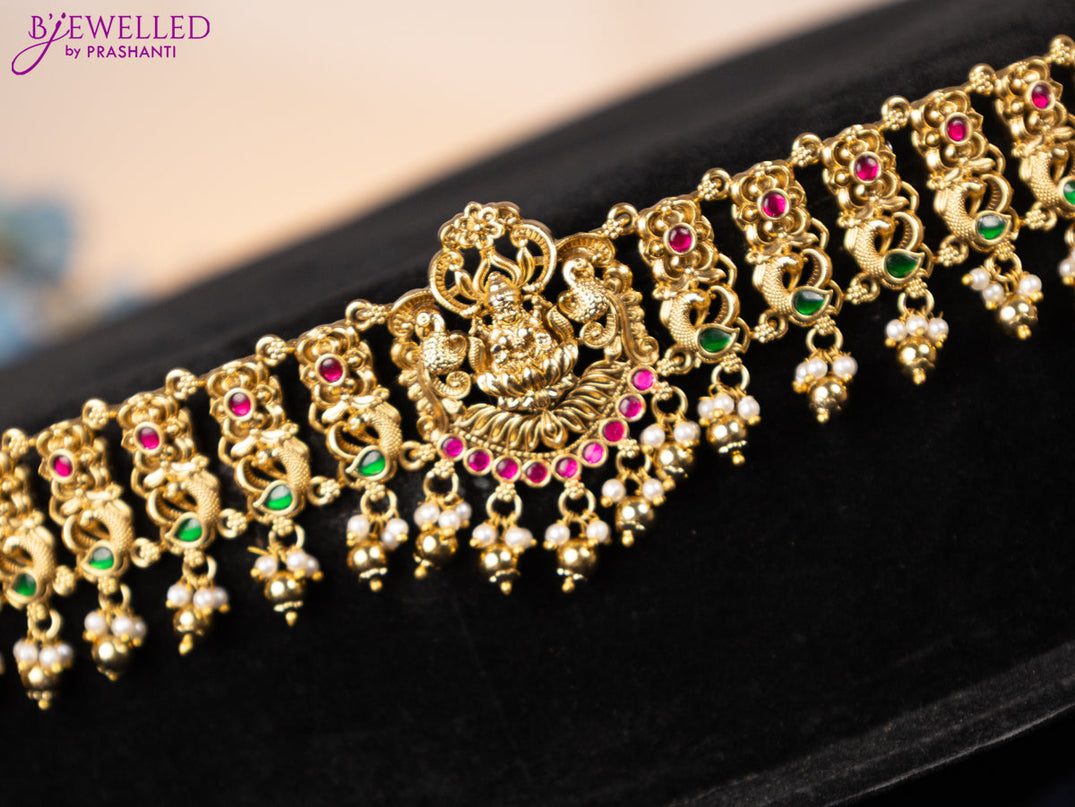 Antique hip chain lakshmi design with kemp jadau stones and golden beads hangings